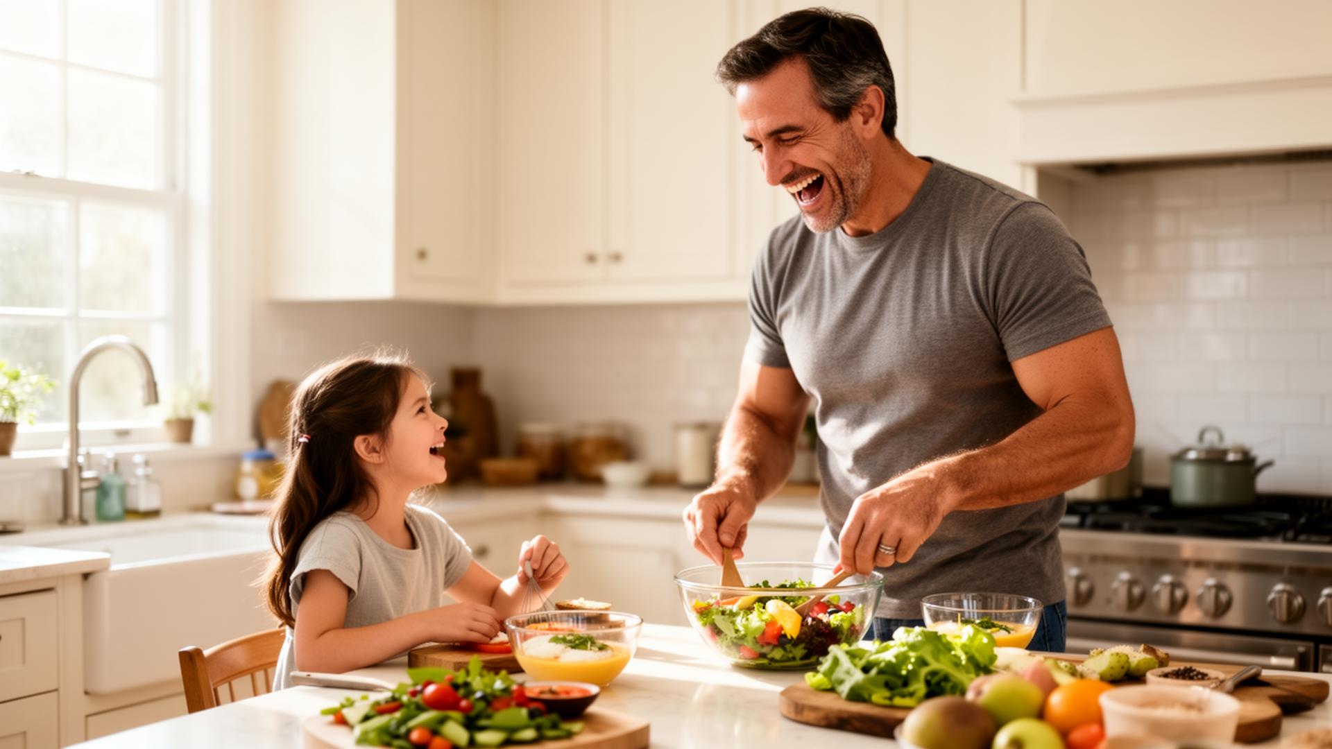 A father and daughter making breakfast together