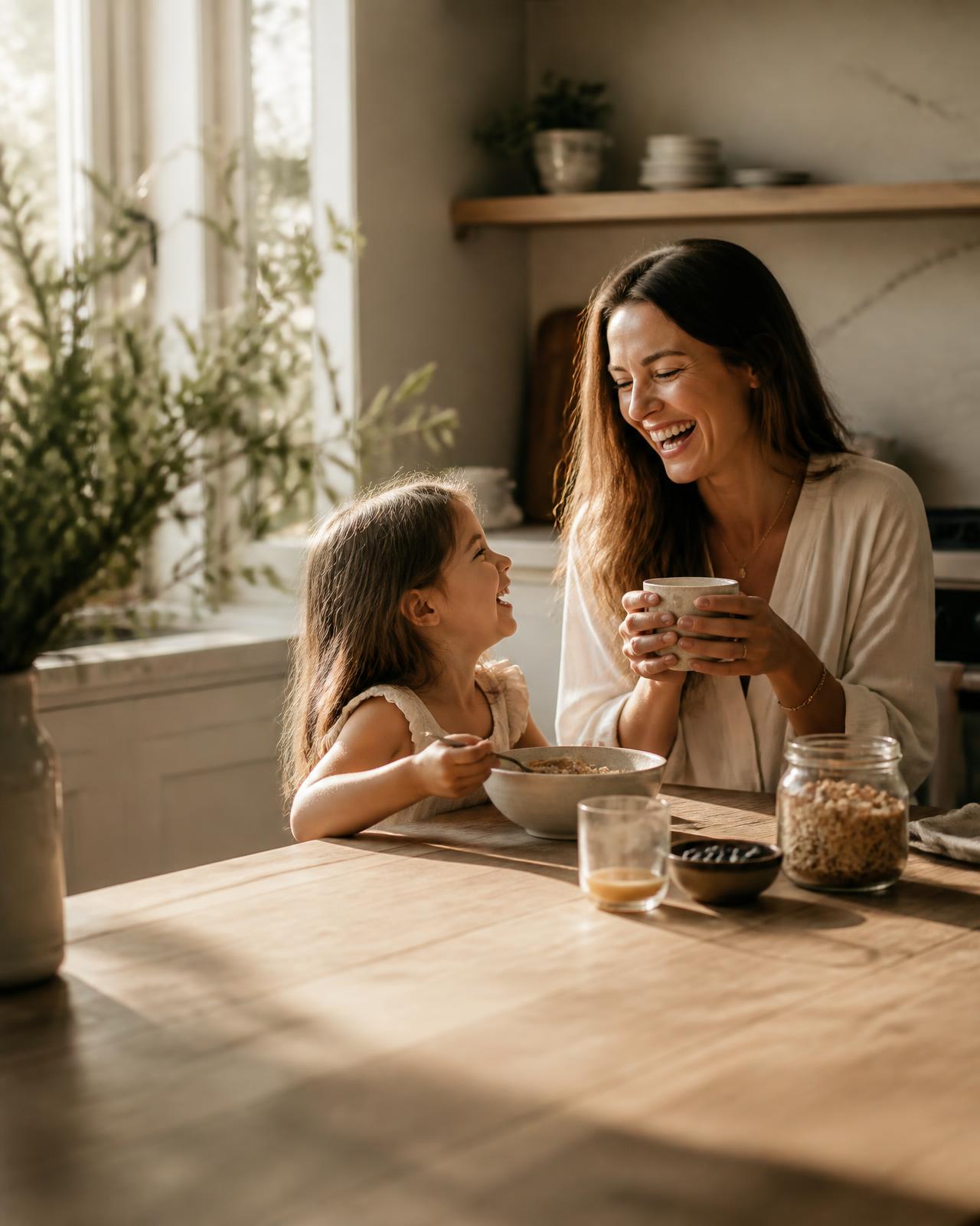 A mother laughing with her daughter over breakfast at home