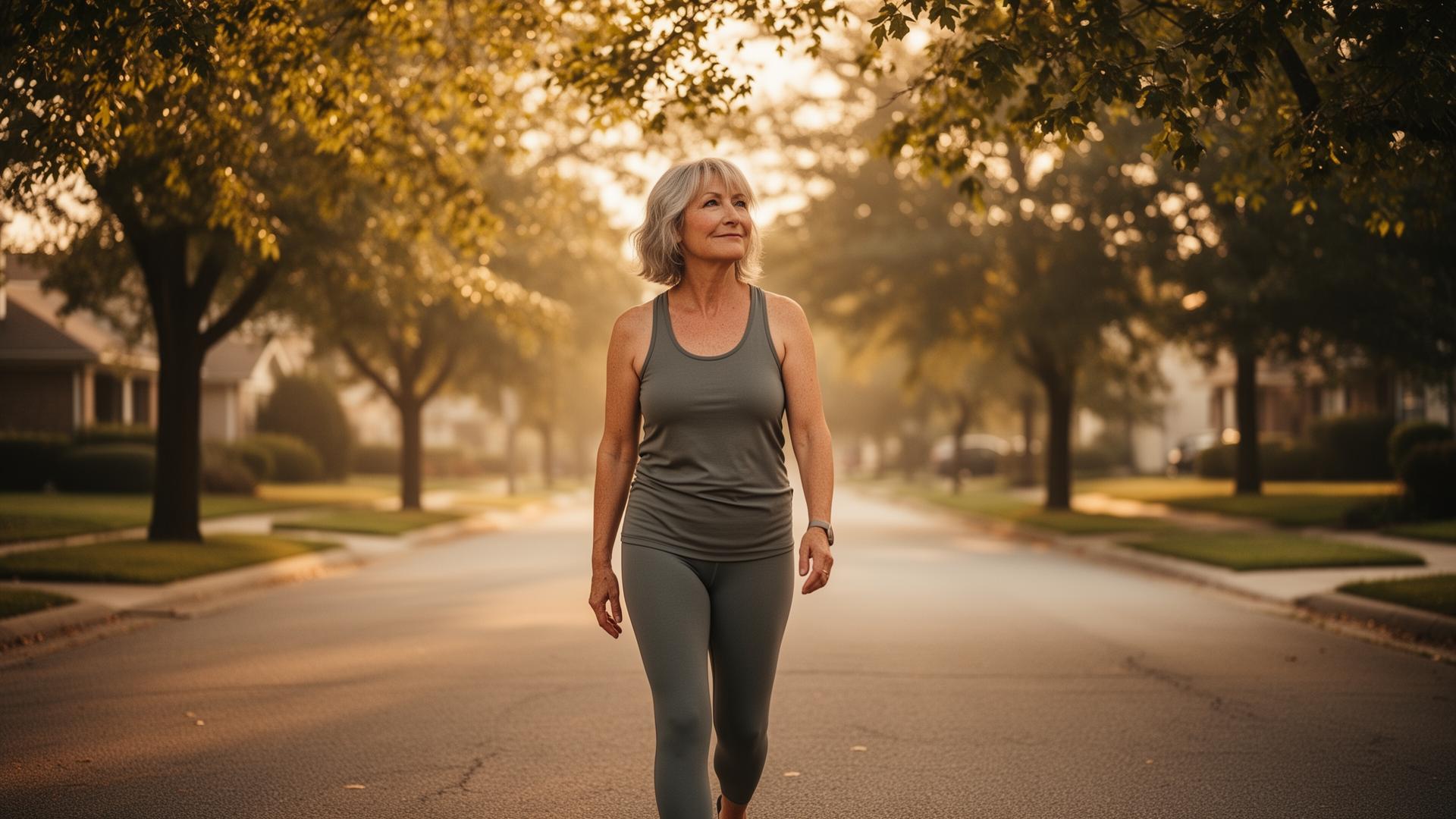 A woman on a morning neighborhood walk